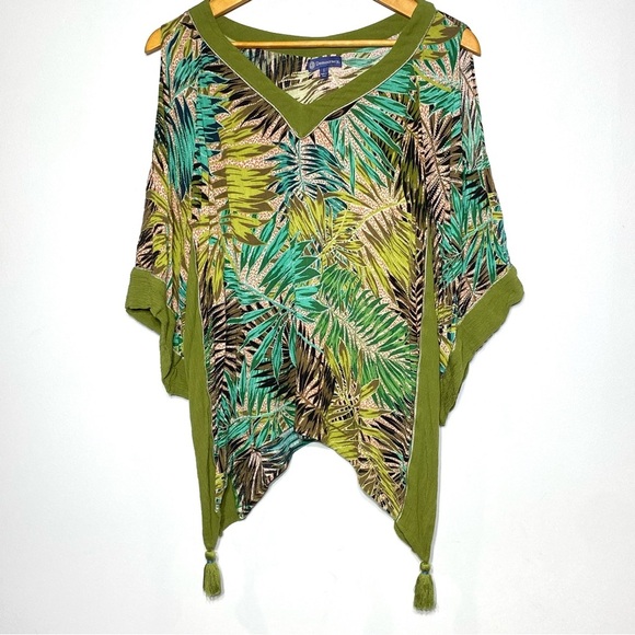 Democracy Women L Boho Top Green Tropical Cold Shoulder Tassel Hem V-Neck Blouse - Picture 5 of 16